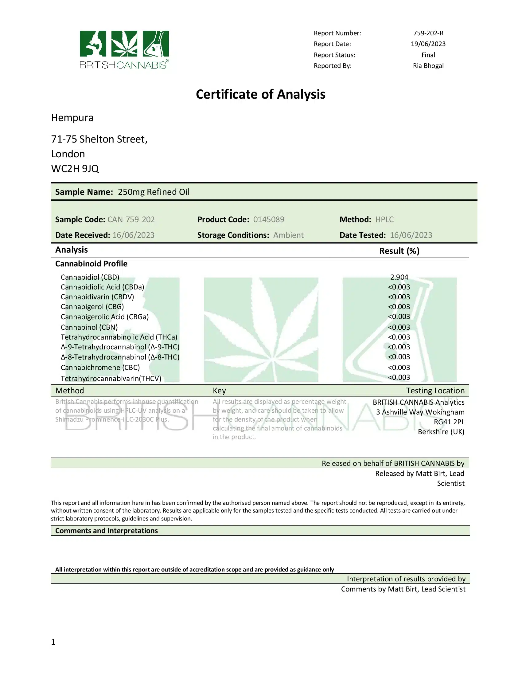 Hempura Refined (10ml CBD Oil Dropper) - 250mg - Image 2