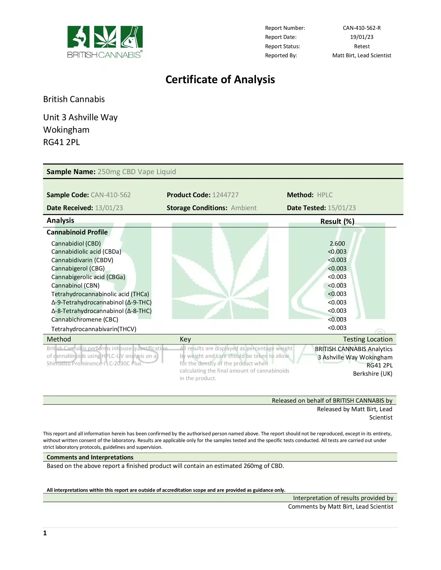 Canabidol™ CBD Vape (10ml Dropper) - 250mg - Image 2