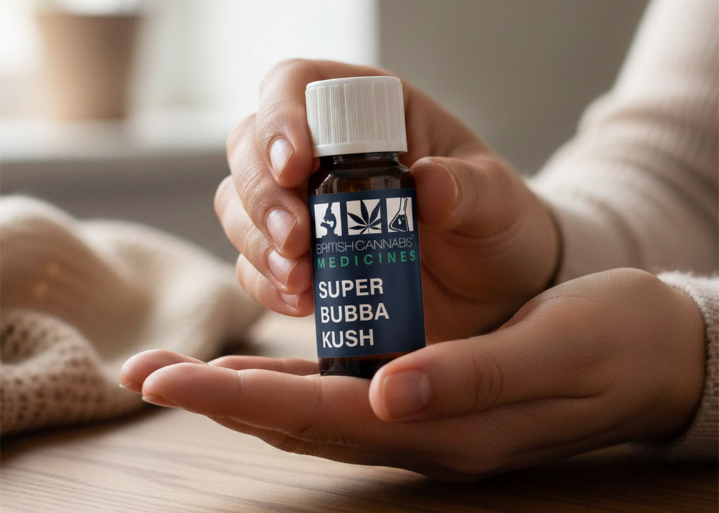 A person holds a bottle of 5CBD strain-specific CBD oil in their hand, illustrating careful dosing. The image supports a blog post about the importance of titrationâadjusting CBD dosage gradually to find the optimal amount for individual needs.