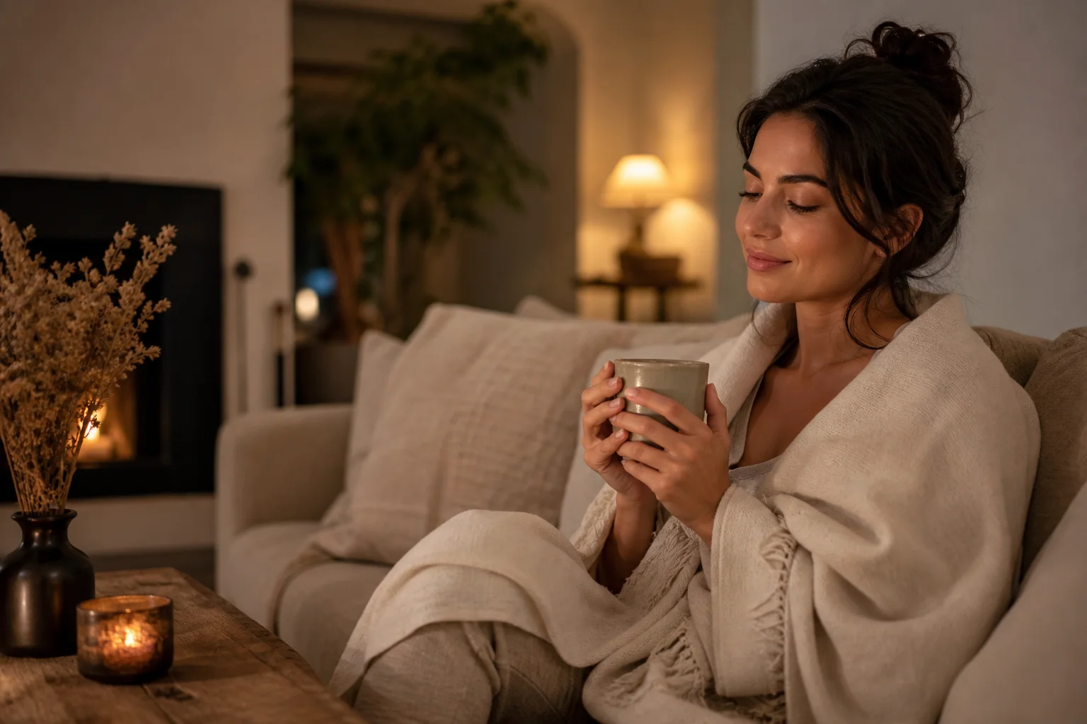 Woman relaxing on a sofa in the evening as part of a calm wellness routine, representing CBD gummies benefits for stress and relaxation