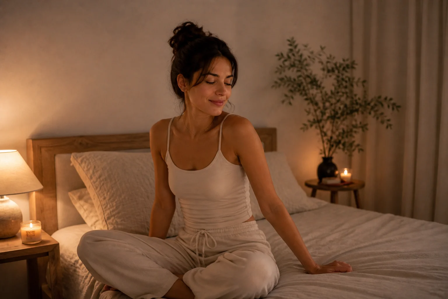 Woman relaxing in the evening before bed, illustrating when to take CBD gummies for sleep and relaxation