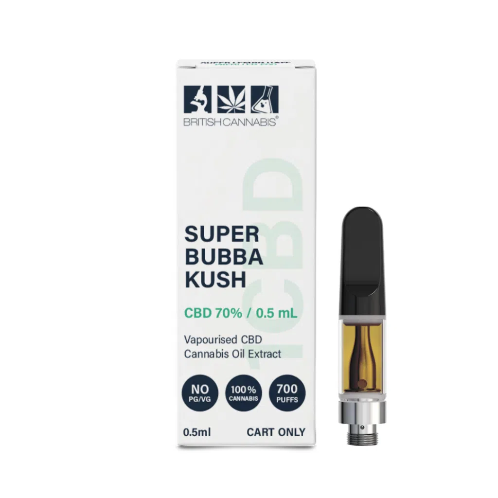 British Cannabis Super Bubba Kush CBD vape cartridge packaging beside the cartridge itself. The white box features navy and mint green branding with the text “SUPER BUBBA KUSH", “CBD 70% / 0.5mL”, and “Vapourised CBD Cannabis Oil Extract”. Additional icons state “NO PG/VG”, “100% Cannabis”, and “700 Puffs”. The vape cartridge has a black mouthpiece, clear chamber with amber oil, and silver screw-thread base.